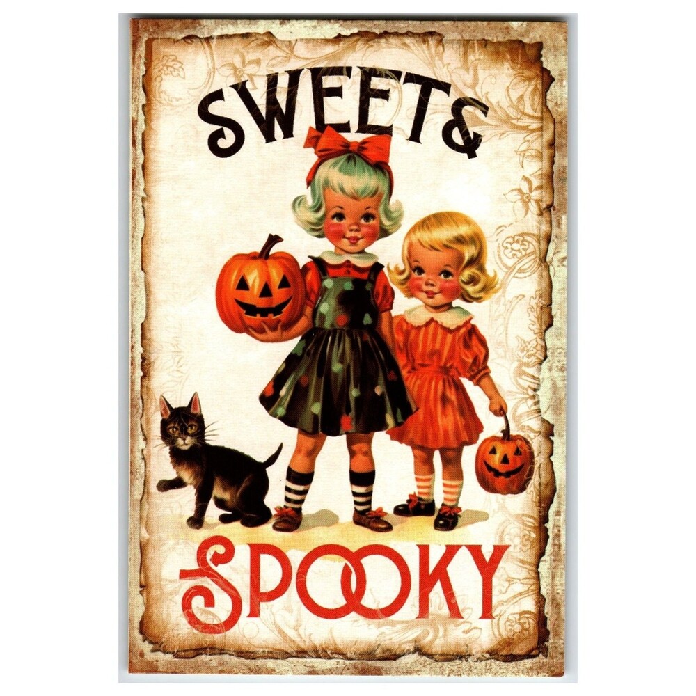 Sweet & Spooky Halloween Girls Black Cat Jack O Lantern Vintage Style Postcard